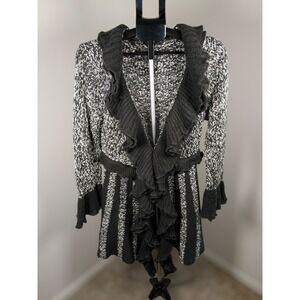 Sioni Petite Black White Marled Ruffle Front Striped Cardigan Sweater PL